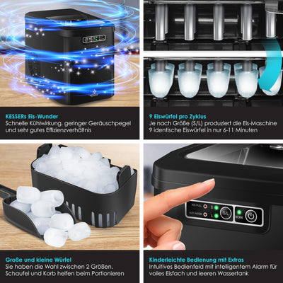 KESSER® Eiswürfelbereiter | Eiswürfelmaschine Edelstahl | Ice Maker | 12 kg 24 h | Zubereitung in 7 min | 2,2 Liter Wassertank | 2 Eiswürfel-Größen | LED-Display | Selbstreinigungsfunktion | Schwarz