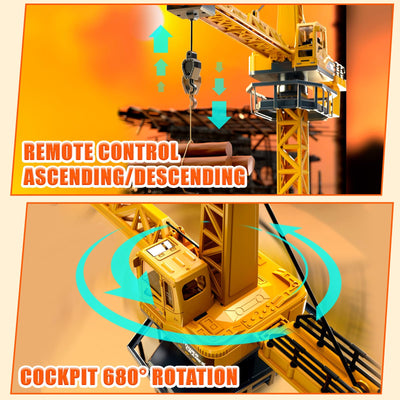 JONRRYIN Ferngesteuerte Turmkran, 12 Kanäle 2,4 Hz RC Turmdrehkran, 680 Grad Rotation Ferngesteuerte Tower Crane mit Lichter Geräusche und Verkehrsschilder Set für Kinder