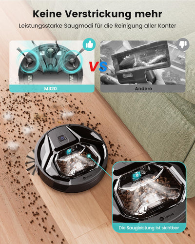 LEFANT M320 Saugroboter mit Wischfunktion 3 in 1, 6.000Pa Staubsauger Roboter mit Präzise-Entfernungs-Navigation, Sichtbar 800ML Staubbehälter, 210Mins, WLAN/App, Ideal für Tierhaare, Teppiche