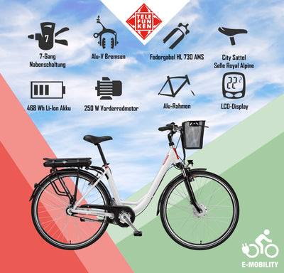 TELEFUNKEN E-Bike 28 Zoll Elektrofahrrad Alu mit 7-Gang Shimano Nabenschaltung, Pedelec Citybike mit Fahrradkorb, 250W und 13Ah, 36V Lithium-Ionen-Akku Multitalent weiß + ‎Sekura Fahrradschloss