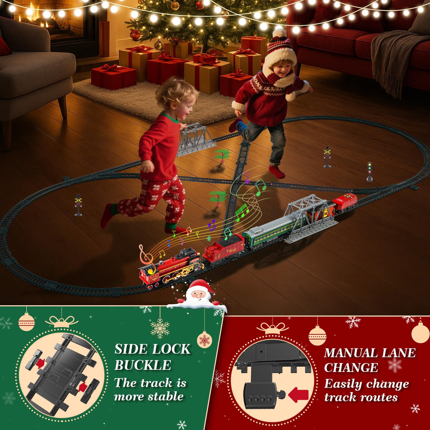 JONRRYIN Elektrische Zug Spielzeug, Eisenbahn Weihnachtsbaum Elektrisch, Weihnachtszug mit Schienen, Dampf, Licht & Sound, Dampfzug den Tannenbaum Geschenk für Kinder