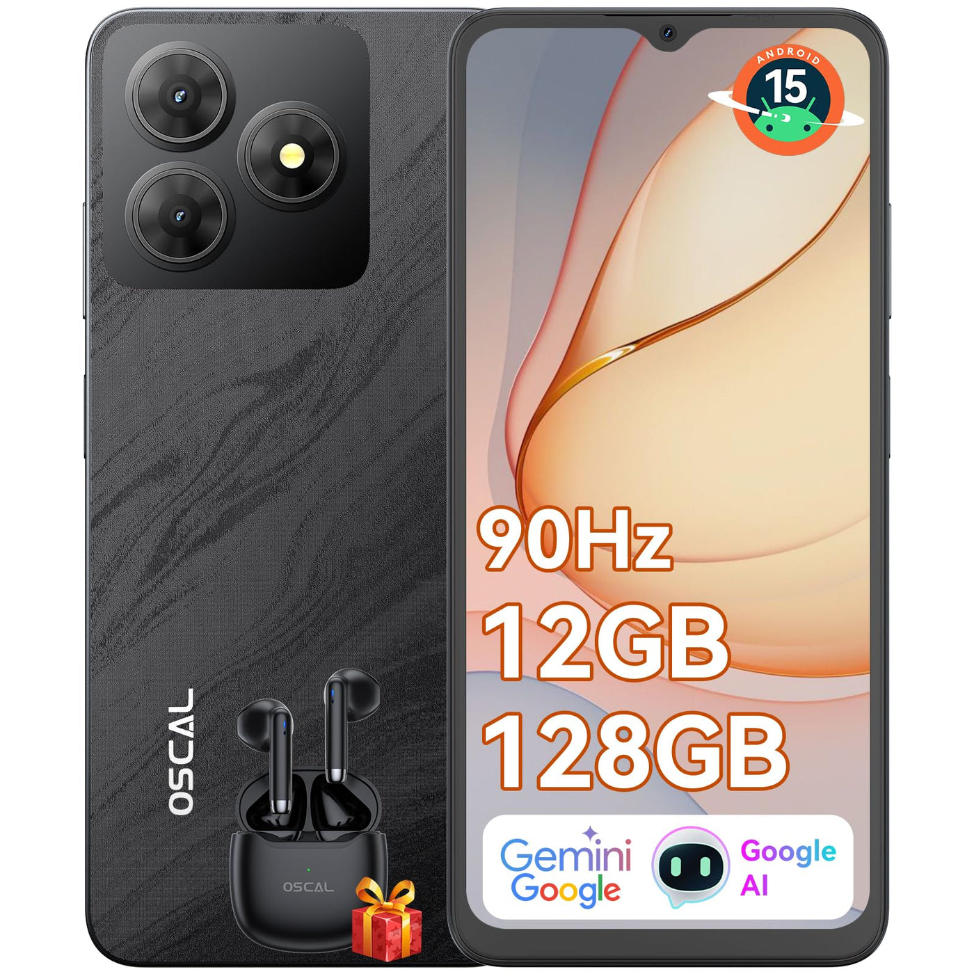 OSCAL Flat 2 Handy Ohne Vertrag, Android 15, 12GB+128GB/2TB TF Handy Günstig, 6.56'' HD+ 90Hz Smartphone Ohne Vertrag, 13MP+8MP, 5000mAh, Dual SIM/OTG/GPS/Fingerabdruck/Gemini AI/2 Jahre Garantie