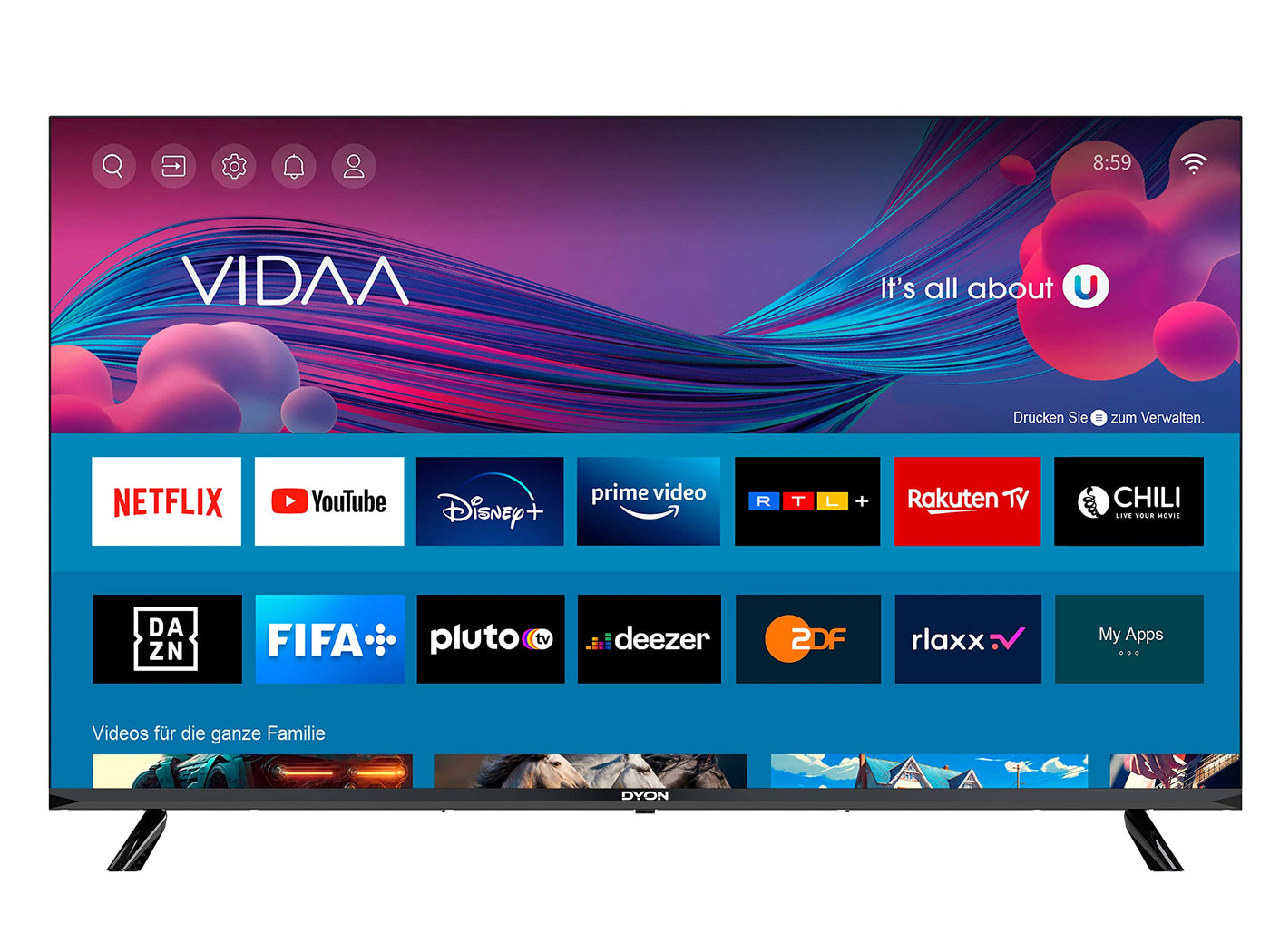 DYON Movie Smart 43 VX 108 cm (43 Zoll) Fernseher (Full-HD Smart TV, HD Triple Tuner (DVB-C/-S2/-T2), App Store, Prime Video, Netflix, YouTube, DAZN, Disney+) [Mod. 2023]