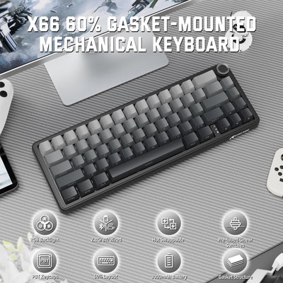 MAMBASNAKE X ATTACK SHARK X66 65% Kabellose Mechanische Tastatur mit Knopf, Hot Swap RGB Gaming Tastatur mit Dichtung, BT/2,4 G/USB-C, Linearer Schalter, seitlich bedruckte PBT-Tastenkappe - Mondnacht