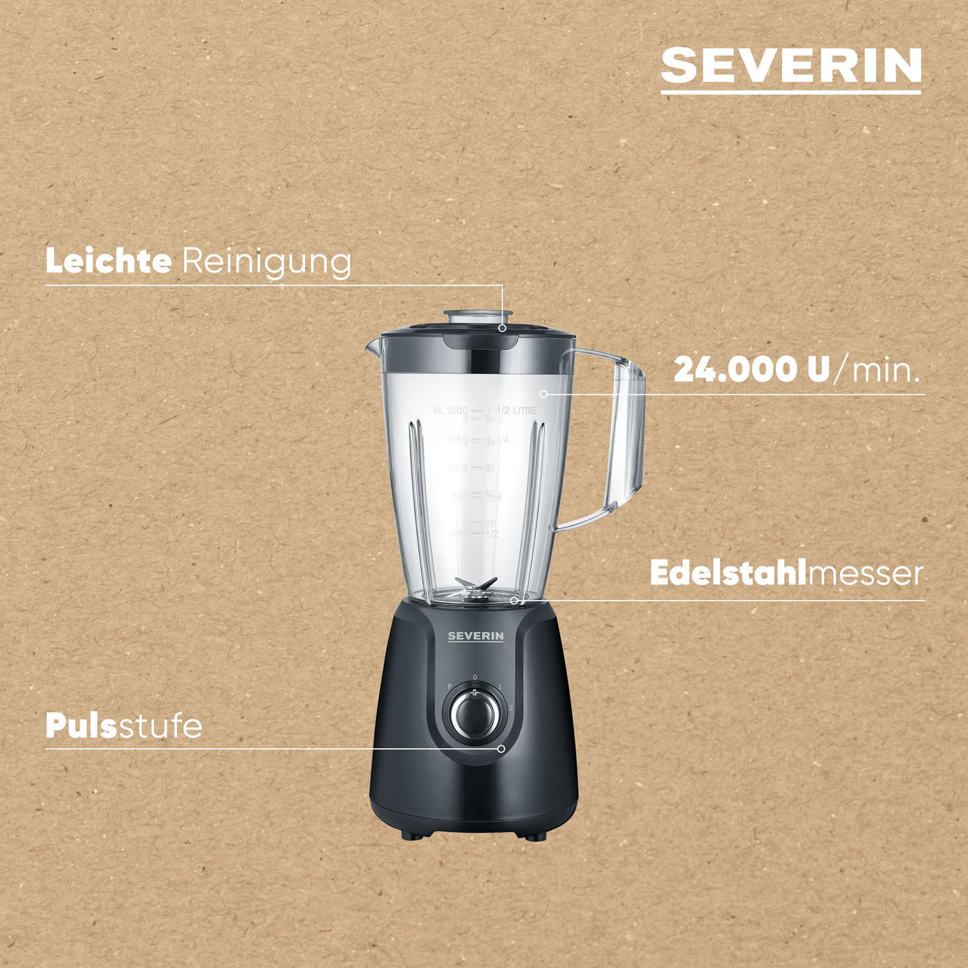 SEVERIN Standmixer mit 1,5 L Mixbehälter aus Tritan, Mixer mit 2 Stufen und Pulse-Funktion, leistungsstarker Küchenmixer mit Edelstahlmesser, 600 W, Schwarz, SM 3707