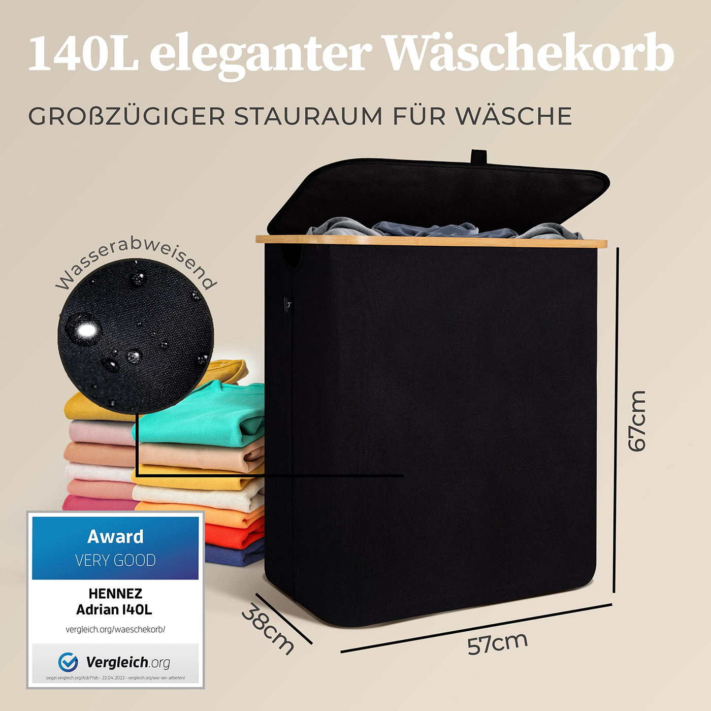 HENNEZ Wäschekorb mit Deckel 2 Fächer Wäschekorb schmal schwarz 141L Wäschesack - Wäschesortierer Anthrazit Wäschebox Wäschetonne schwarzer Wäschesammler mit Deckel Wäschetruhe dunkle Wäschekörbe