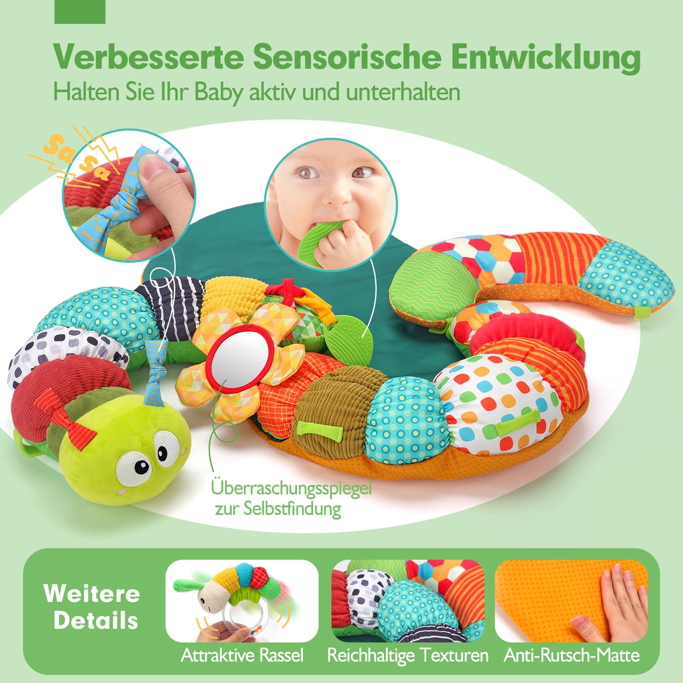 hahaland Baby Spielzeug 3 6 9 12 Monate,3 in 1 Abnehmbar Raupe für Baby Bauchlage Helfen Sitzen Stützen,Tummy Time Toys Spielkissen mit Rassel, Beißring, Spiegel für Babyspielzeug ab 0-6-12 Monate