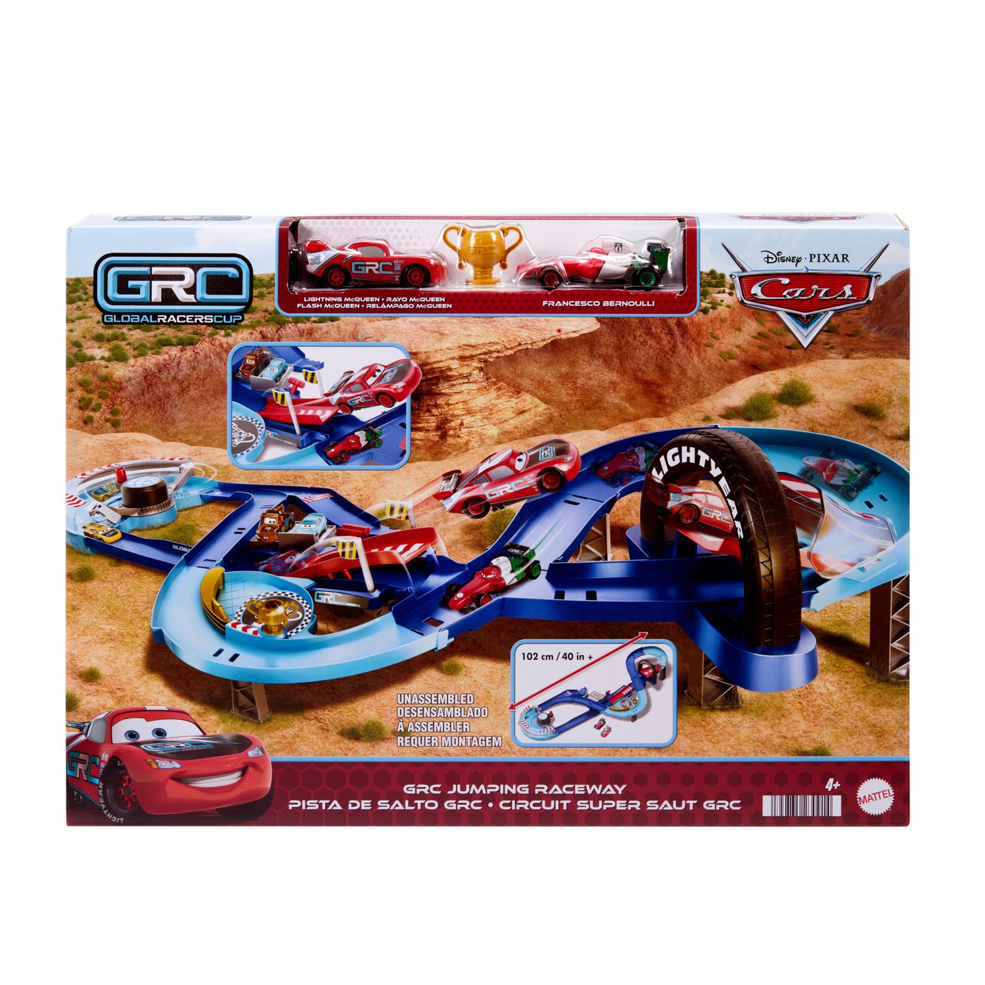 Mattel Disney und Pixar Cars Spielset mit 2 Spielzeugautos, Lightning McQueen und Francesco Bernoulli, GRC Sprung-Rennstrecke Trackset mit manuellem Beschleuniger, HXJ32