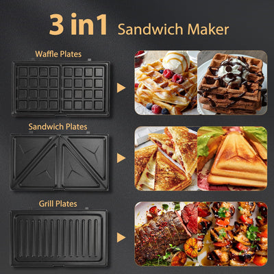 Aigostar Sandwich maker 3 in 1, Sandwich Maker, Kontaktgrill, Waffeleisen 3 in 1, 750W, Antihaftbeschichtete abnehmbare Platten, wärmeisolierter Griffe, Grau, Grace