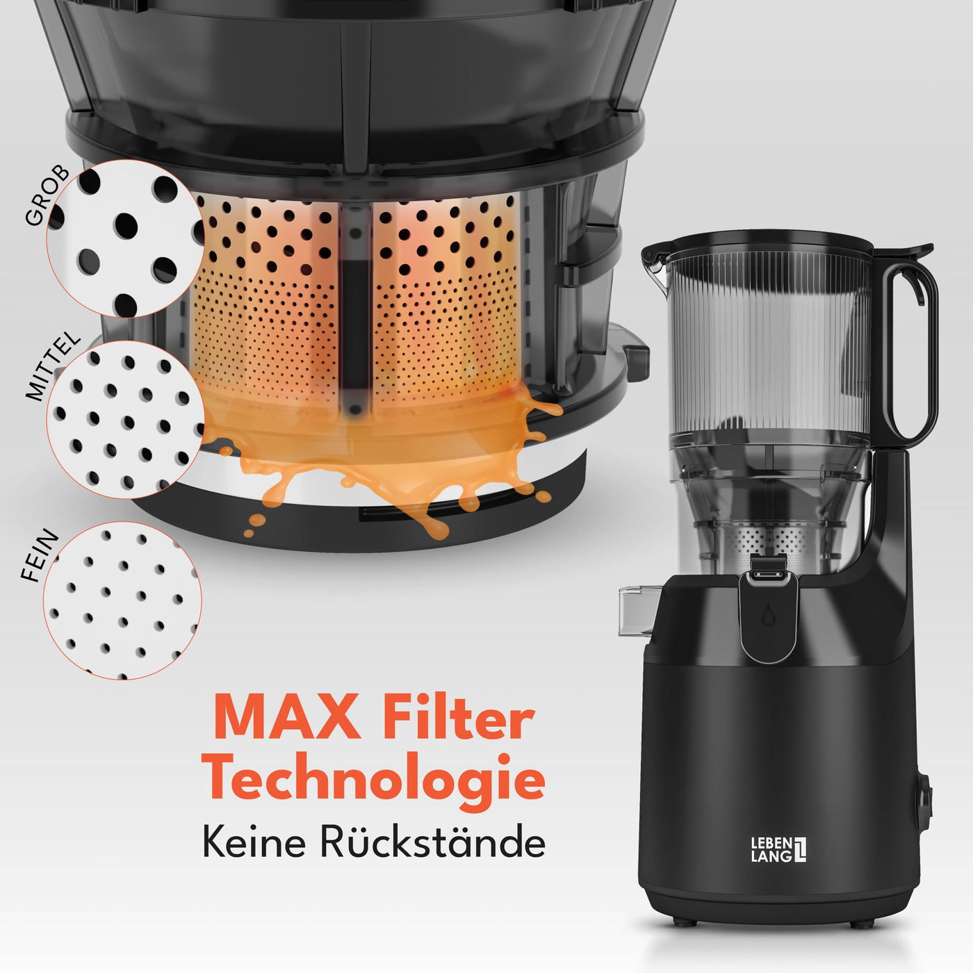 LEBENLANG Entsafter Slow Juicer - Inkl. Rezeptbuch & Große 130mm Öffnung I Perfekt für Obst ganze Früchte und Gemüse 100% BPA-Frei I Best Juicer Machine Saftpresse elektrisch Masticating Green Press