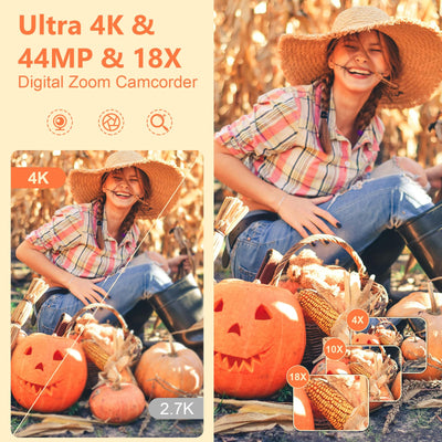 Videokamera Camcorder 4K, 44MP Vlogging Camera für YouTube, 18X Digitaler Zoom 3,0-Zoll-IPS-Bildschirm Kamera, IR Nachtsicht Webcam Videokamera mit Mikrofon, Fernbedienung, 2 Akkus und 32GB SD Karte