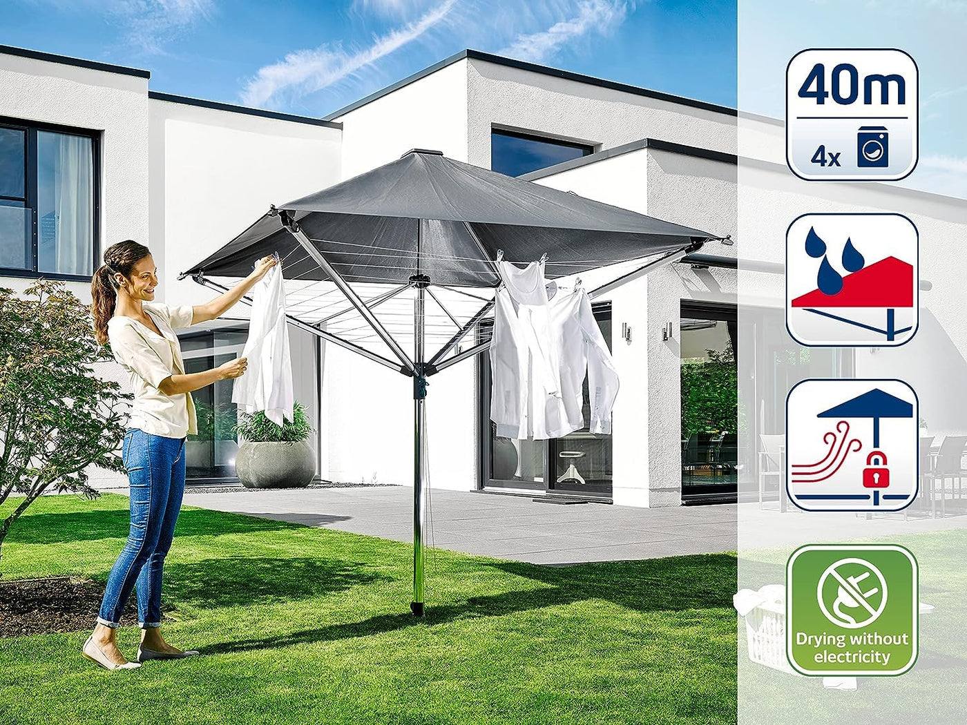 Leifheit Wäschespinne LinoProtect 400 mit wasserdichtem Dach, Wäscheschirm verlängert die Outdoor-Trockensaison, Wäscheständer aus Aluminium inkl. Bodenhülse