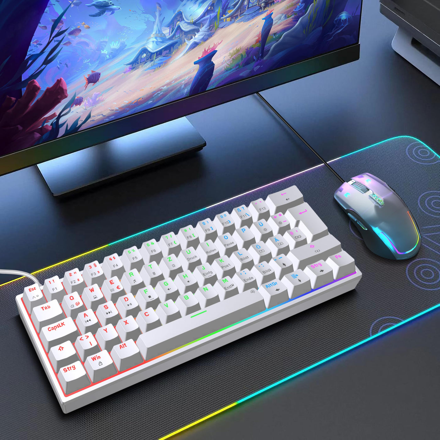 Snpurdiri 60% kabelgebundene mechanische Gaming-Tastatur, 62 Anti-Ghosting-Tasten, Blaue LED-Hintergrundbeleuchtung, ultrakompakte Zwei Stände (Rot Schalter/62 Weiß)