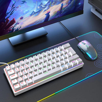 Snpurdiri 60% kabelgebundene mechanische Gaming-Tastatur, 62 Anti-Ghosting-Tasten, Blaue LED-Hintergrundbeleuchtung, ultrakompakte Zwei Stände (Rot Schalter/62 Weiß)