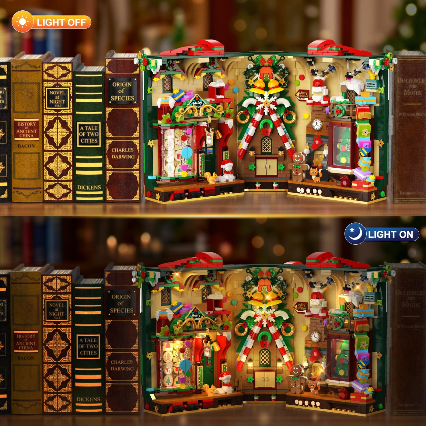 INSOON Weihnachten Book Nook Bauspielzeugset mit Licht, Weihnachts Bausteine Set mit Lebkuchenhaus Weihnachtsbaum, Weihnachts Baustein Geschenk Klemmbausteine für Erwachsene Kinder Mädchen Jungen 10+