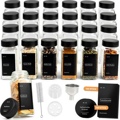 EDELHAUS Gewürzgläser Eckig Set mit Plastikdeckel (24 x 120ml) Gewürzstreuer mit Streueinsatz und 240 Etiketten Schwarz - Gewürzbehälter, Gewürzdosen, Gewürze organizer [10,7cm x 4,5cm]
