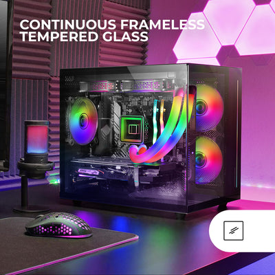 Mars Gaming MC-View Schwarz, Micro-ATX Mini Gaming Tower Gehäuse, 90° Gehärtetes Glas ohne Rahmen, Modulares Doppelkammer-Design, Volle Unterstützung für Flüssigkeitskühlung