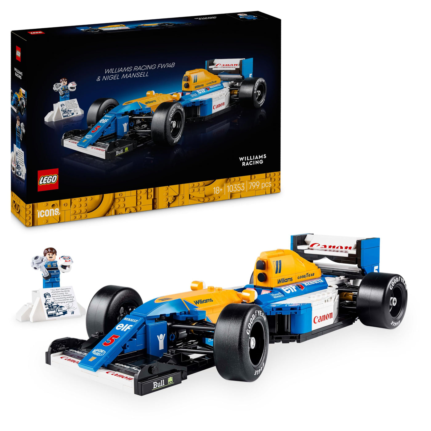 LEGO Icons Williams Racing FW14B mit Nigel Mansell - F1 Modellauto Set mit Rennfahrer Minifigur zum Sammeln - Schreibtischdeko mit Ständer - Geschenk für Erwachsene & Jugendliche Motorsportfans 10353