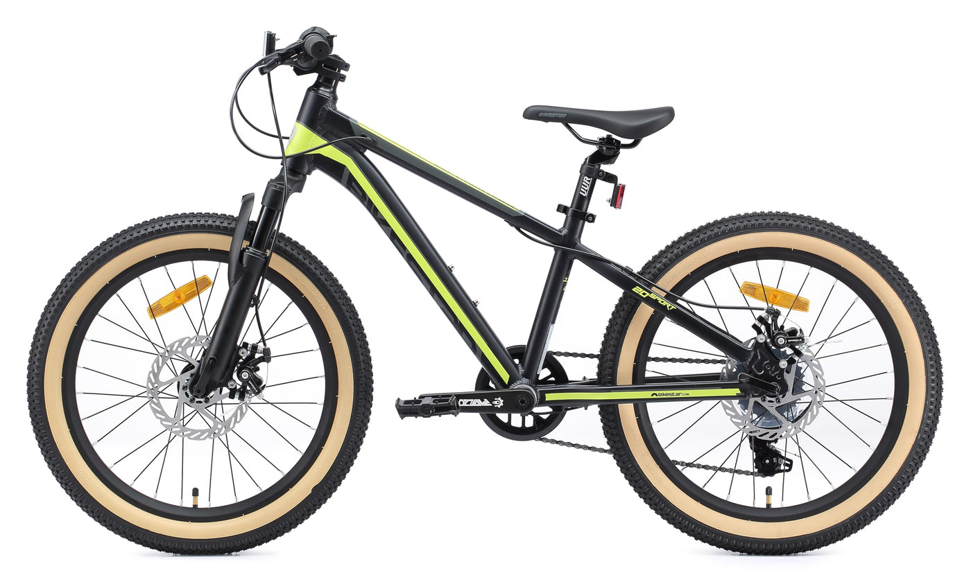 BIKESTAR Kinder Fahrrad Aluminium Mountainbike 7 Gang Shimano, Scheibenbremse ab 6 Jahre | 20 Zoll Kinderrad MTB | Schwarz Grün