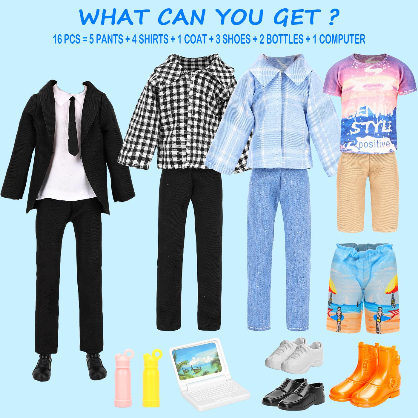 Miunana 14 Kleidung für Jungen Puppen = Anzug Freizeitbekleidung Kleidung Hosen Badehose Outfits Schuhe Laptop Zubehör für Puppen