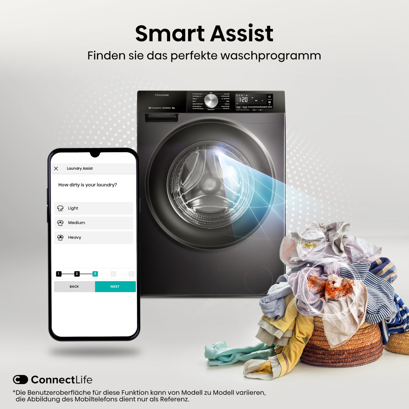 Hisense WF3S8043BB3 Waschmachine mit Dampffunkunktion, 8 kg, 1400 U,min, WIFI, ConnectLife, Power JetWash, Anti-Allergie Programm, Aqua Stop, Auto Wash, Quick Wash, EEK A-30 Prozent