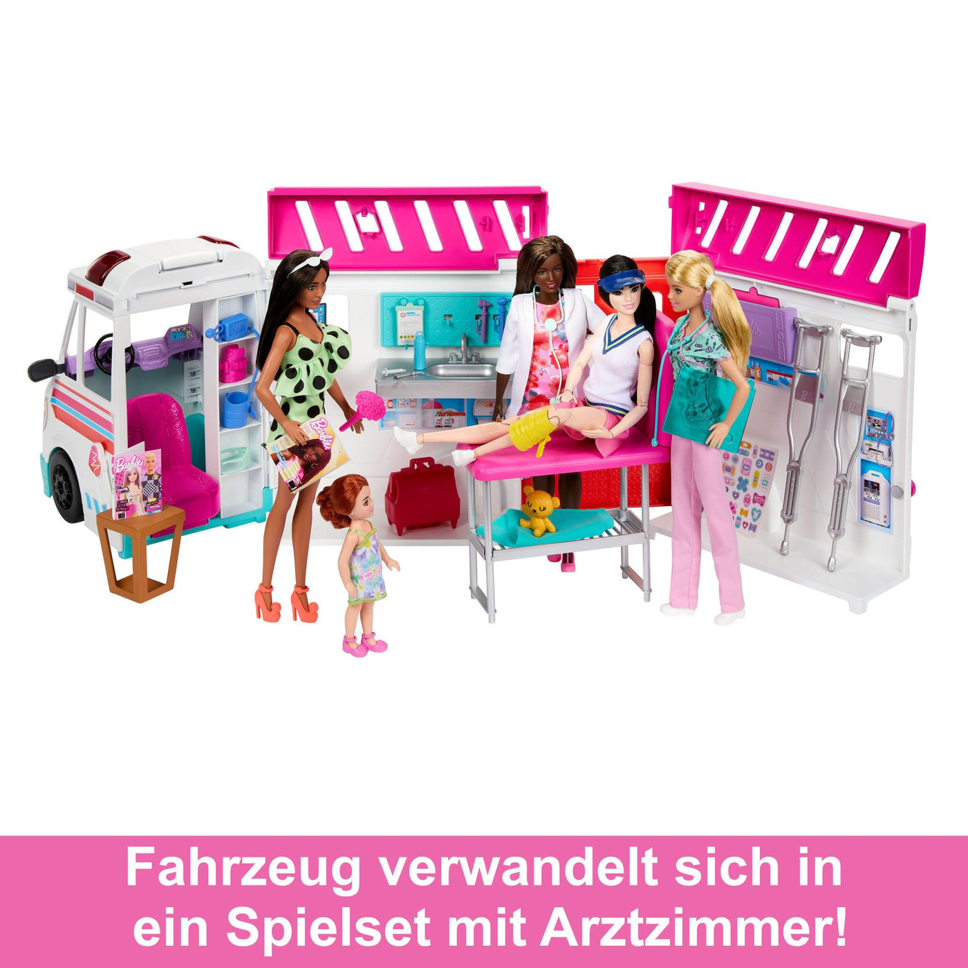 Barbie 2-in-1-Krankenwagen Spielset, Rettungswagen mit Lichtern und Geräuschen, umwandelbar in Pflegeklinik, 20 Puppenzubehör, Spielzeug ab 3 Jahren, HKT79