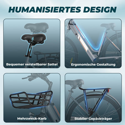 AOIHO E Bike, 28'' EBike Herren E-Bike Damen mit 𝐃𝐫𝐞𝐡𝐦𝐨𝐦𝐞𝐧𝐭𝐬𝐞𝐧𝐬𝐨𝐫, 250W Motor Elektrofahrräder Trekkingrad E Fahrrad mit 6-Gang, 3 Modi, Pedelec Citybike Elektrofahrrad für Erwachsene