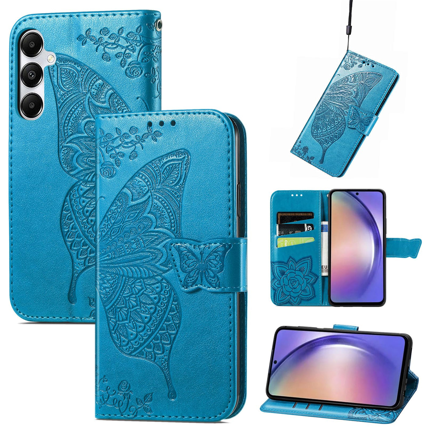 JIUNINE Hülle für Samsung Galaxy M15, Handyhülle mit Schmetterling Muster [Kartenfächer] [Standfunktion] [Premium PU Leder] Stoßfeste Schutzhülle Klapphülle Handytasche Lederhülle, Blau