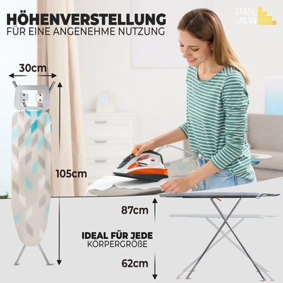 STAHLMANN ® Bügelbrett [110x30 Bügelfäche ] mit rutschfesten Füßen – robuster Bügeltisch – extra stabiles Bügelbrett [Made IN EU] – Tischbügelbrett