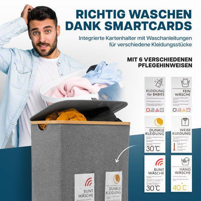 Lavanderi® Wäschekorb 2 Fächer & Deckel [schmal grau 140L XL] - Faltbare Wäschebox mit Waschhinweisen - Wäschesammler groß als Schmutzwäschebehälter - Laundry basket organizer with smartcards