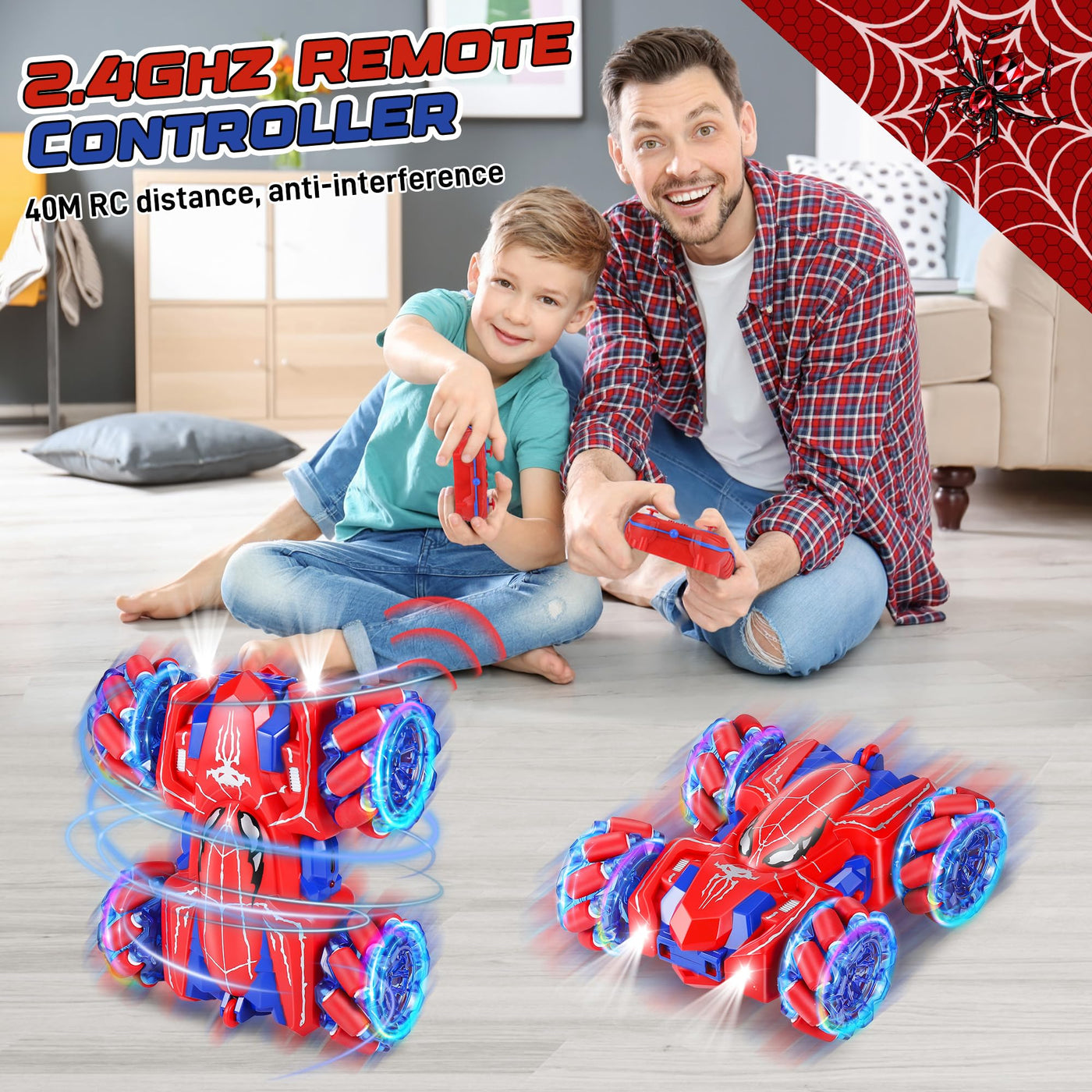 Kssvzz Spider Ferngesteuertes Auto ab 3-10 Jahre, 2.4GHz Doppelseitig RC Auto mit USB-C Wiederaufladbarer Akku/360°-Drehung/Kühles Licht, 4WD RC Car Spielzeug ab 3 4 5 6 7 8 9 Jahre Junge