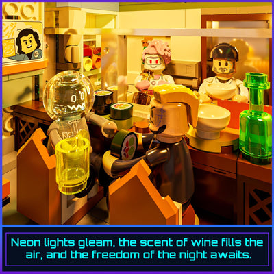 FUNWHOLE Cyberpunk Japanisches Izakaya Licht-Baustein Set – 1987 Teile Modularer Cyberpunk Neon-Stadt Zukunfts-Pub Japanische Straßenszene LED-Licht Modellset für Erwachsene und Sci-Fi-Fans