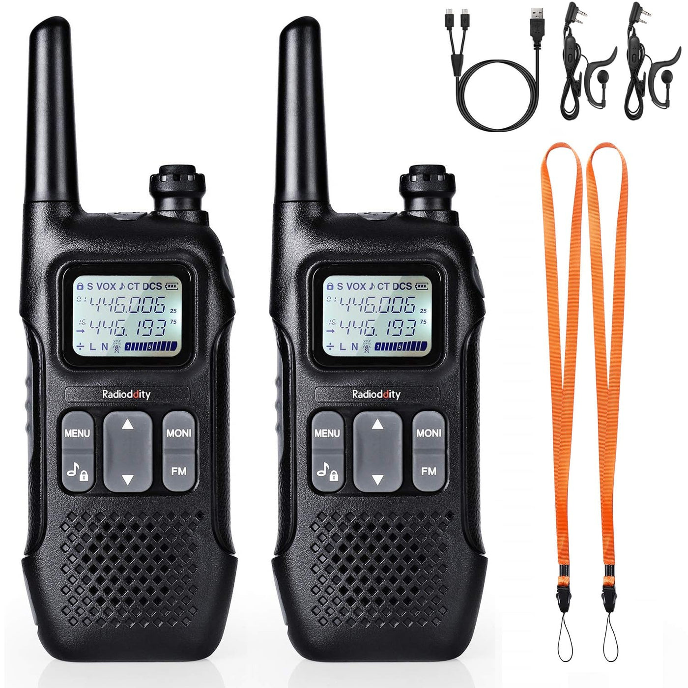 Radioddity PR-T1 PMR446 Walkie Talkie Set mit LC-Display, Funkgerät 4KM Reichweite, 16 Kanäle PMR446 Lizenzfrei Wiederaufladbar Akku mit Headset für Abenteuer, Outdoor-Aktivitäten, Camping, 2 Stücke