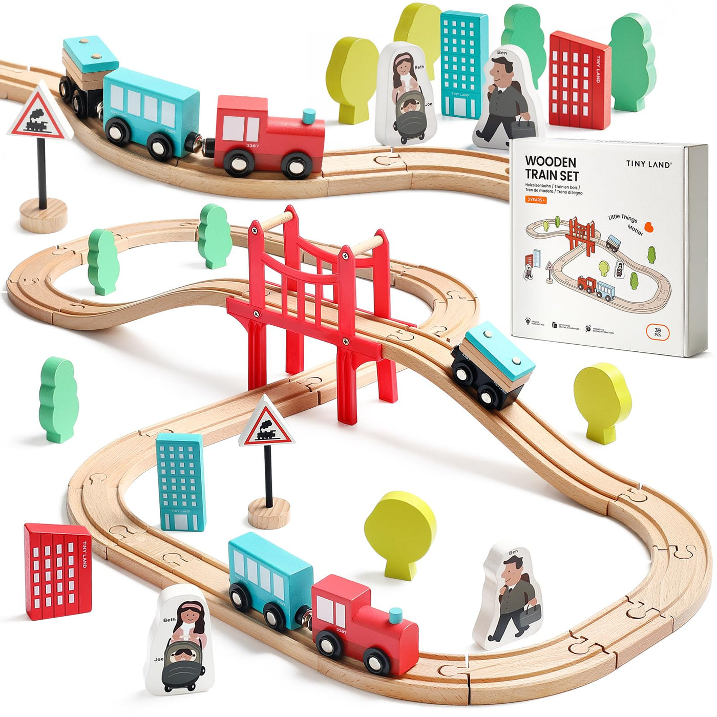 Tiny Land 39 Pcs Holzeisenbahn und Züge Pack Eisenbahn Anfängerset Kompatibel mit Thomas Passend für Eichhorn Zugset Kleinkinderspielzeug empfohlen ab 3 Jahren