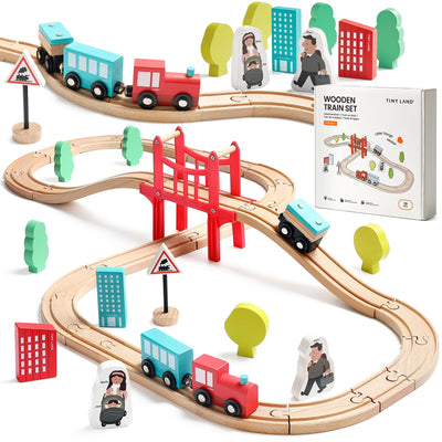 Tiny Land 39 Pcs Holzeisenbahn und Züge Pack Eisenbahn Anfängerset Kompatibel mit Thomas Passend für Eichhorn Zugset Kleinkinderspielzeug empfohlen ab 3 Jahren