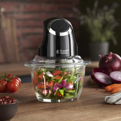 Russell Hobbs Zerkleinerer elektrisch Mini [Glasbehälter inkl. Aufbewahrungsdeckel] Matt Schwarz (500ml, Gemüsezerkleinerer, Mixer, Multi-& Universalzerkleinerer f. Gemüse, Obst & Fleisch) 24662-56