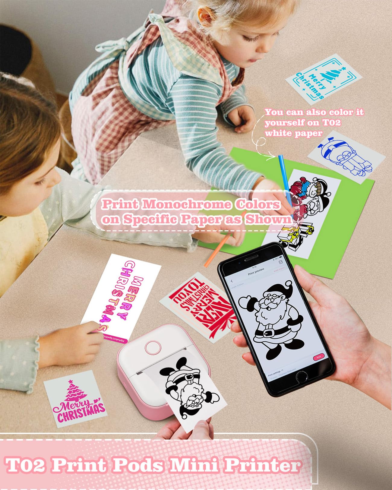 Memoking Mini Aufkleberdrucker - T02 Kleiner Thermodrucke, Tragbarer Kabelloser Notizdrucker mit 3 Rollen Papier für Kindertag, Geburtstag, Kompatibel mit iOS & Android (Rosa)