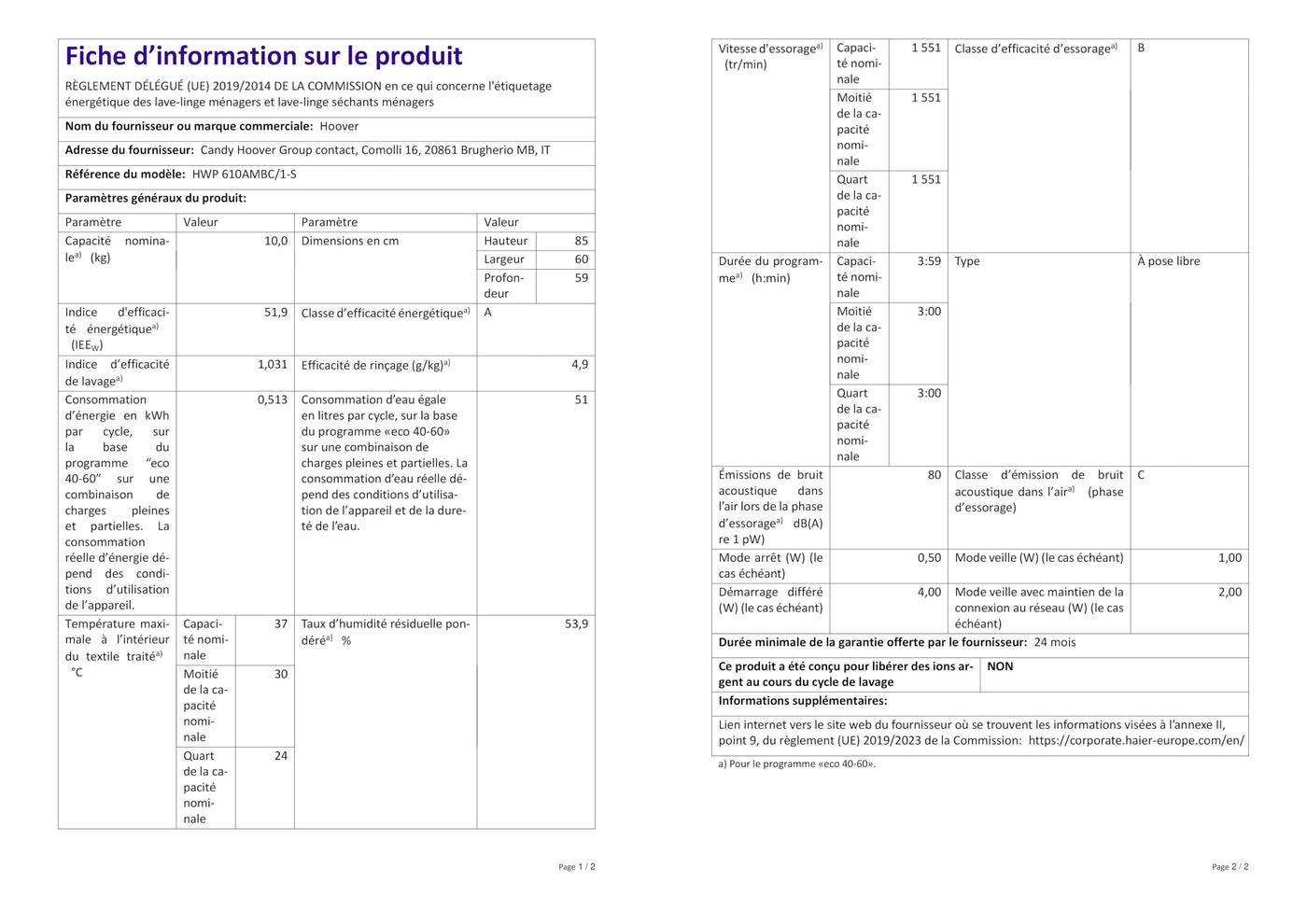 Hoover H-WASH 500 PRO HWP 610AMBC Waschmaschine / 10kg / 1600 U/Min. / Eco-Power Inverter Motor/Auto Care Programm/ActiveSteam Dampffunktion/Mengenautomatik Plus/WLAN