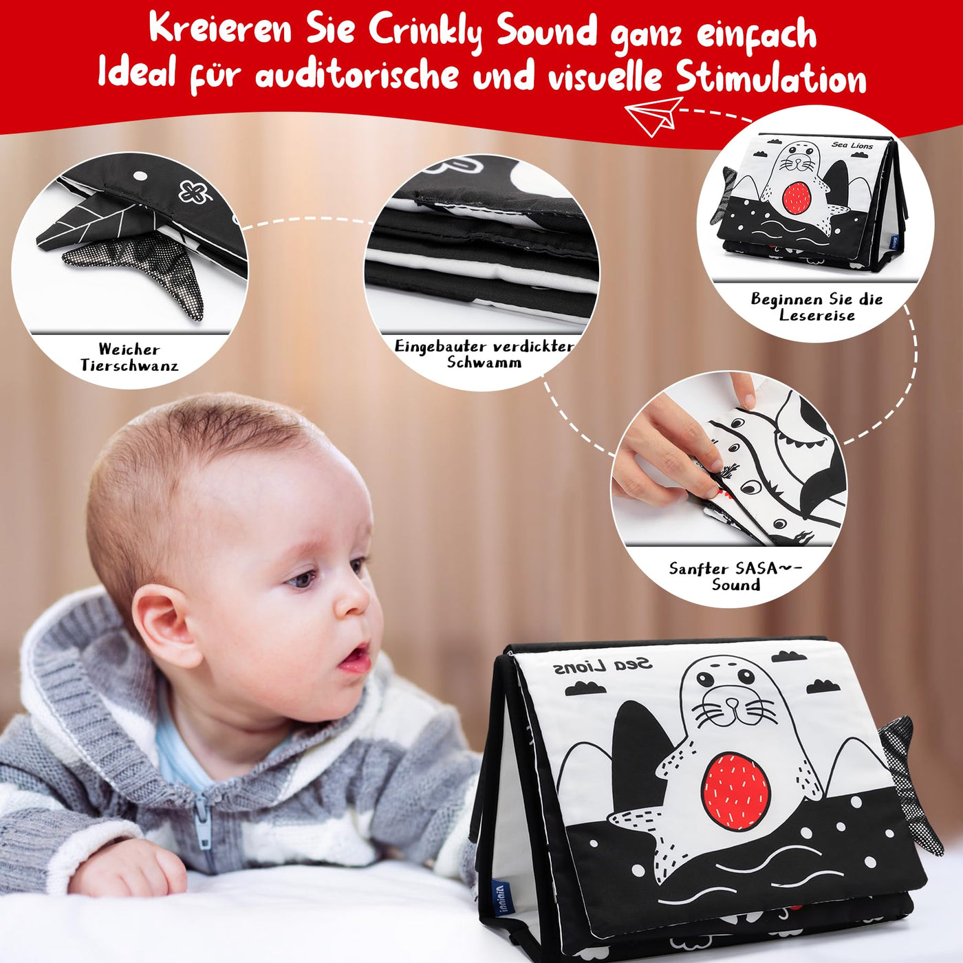 Baby Spiegel Spielzeug - Baby Spielzeug 0-6 Monate Faltbarer Schwarz Weiß Kontrast Babybuch Spiegel Spielzeug Baby Spielzeug ab 3 Monate Neugeborenes Lernspielzeug Spielzeug Geschenk (Black)