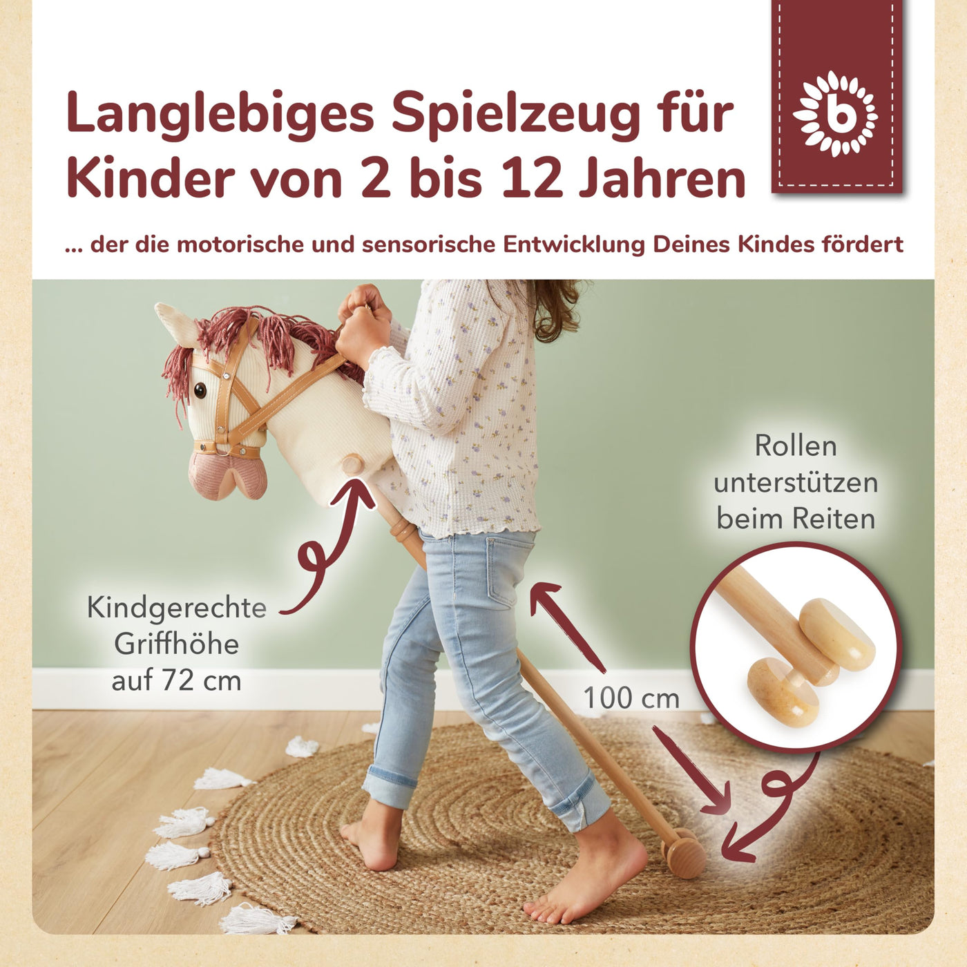 Bieco Steckenpferd Kinder Ginger | Hobby Horse Pferde | Steckenpferd Rollen | Steckenpferd Holz Pferd Stab | Stock Pferde Schöne Steckenpferde für Kinder Stockpferd Kleinkind