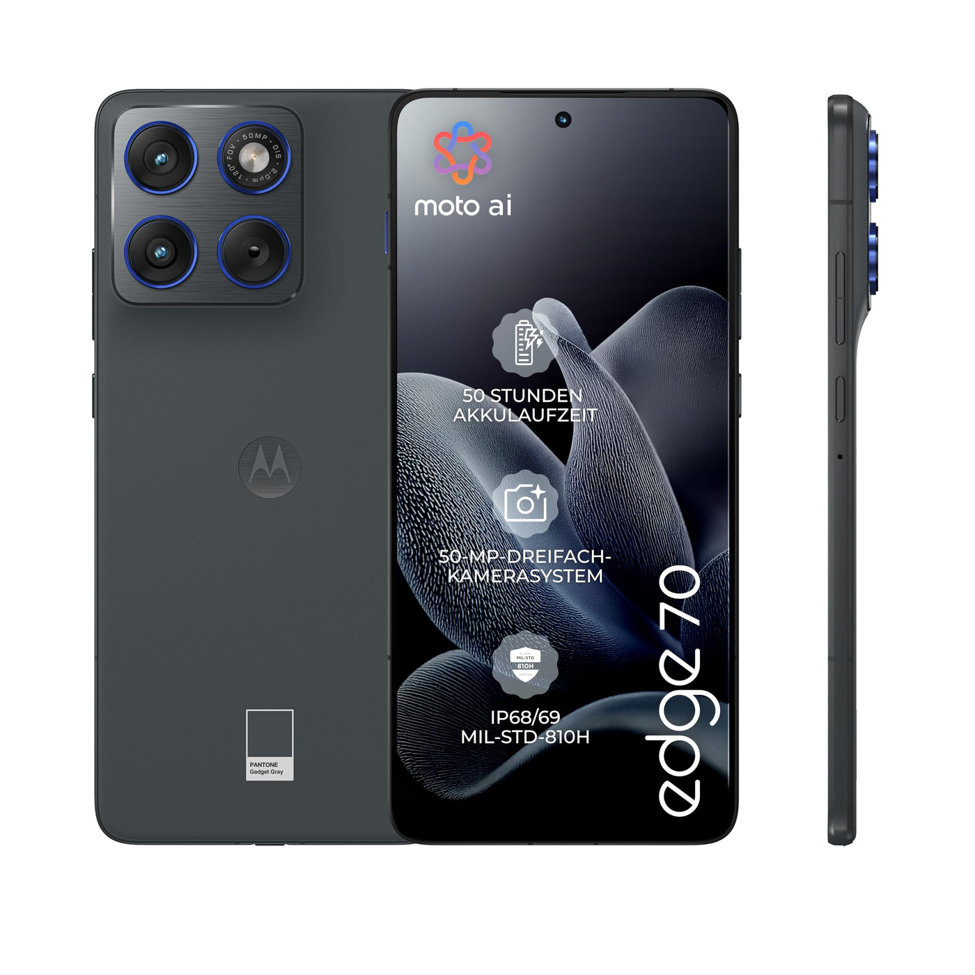 Motorola Edge 70 Smartphone (Robustes 6,67"-pOLED-Display mit Gorilla Glass 7i, 50-MP-Kamera, 12-512 GB, Wasser- und hitzebeständig, 68W-TurboPower-Aufladen), Pantone Gadget Gray, inkl. Magnetcover