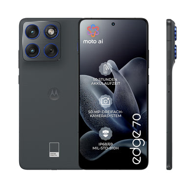 Motorola Edge 70 Smartphone (Robustes 6,67"-pOLED-Display mit Gorilla Glass 7i, 50-MP-Kamera, 12-512 GB, Wasser- und hitzebeständig, 68W-TurboPower-Aufladen), Pantone Gadget Gray, inkl. Magnetcover
