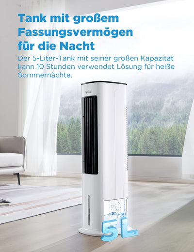 Midea Luftkühler mit Wasserkühlung, Klimaanlage Mobil, Ventilator mit 5L Wasserkühlung, Luftbefeuchter und Ionisation, Klimaanlage Ohne Abluftschlauch, 355m³/h, Ventilator mit Fernbedienung,55W,Weiß