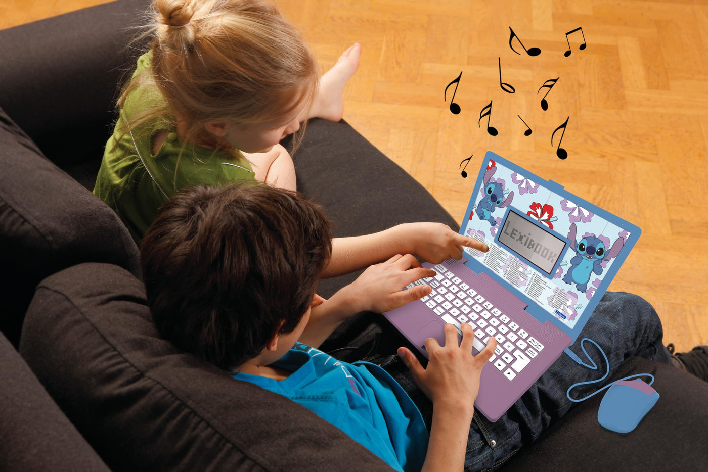 Lexibook, Disney Stitch, zweisprachiger deutsch/englischer Lerncomputer, Spielzeug für Kinder mit 124 Sprach-, Schreib-, Mathe-, Logik-, Musikaktivitäten und Spielen, lila/blau, JC598Di3