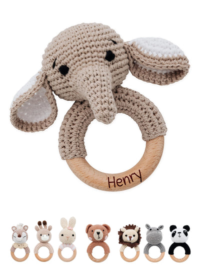 Bärenfreunde® - Personalisierter Beißring Baby - Niedlicher Greifling für Baby's ab 0 Monate - Babyrassel mit Name als Baby Geschenk für Mädchen und Jungen (Elefant,mit Name)