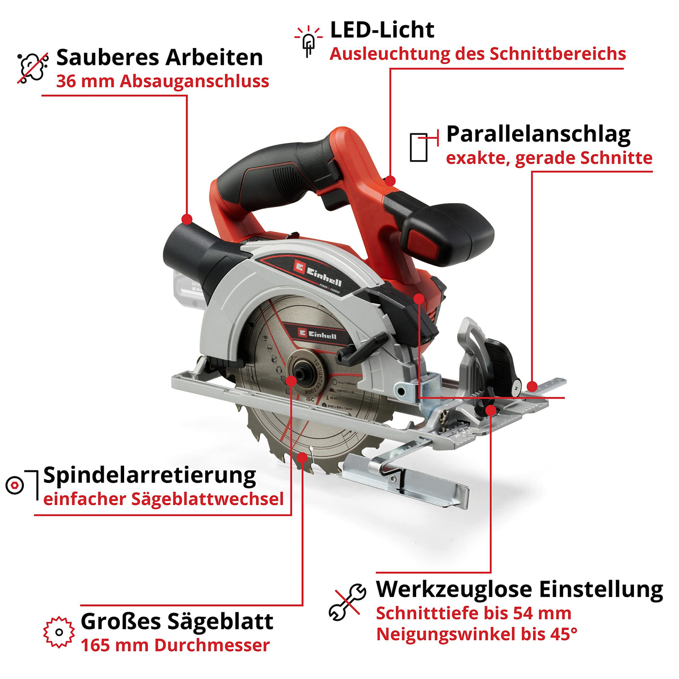 Einhell Akku-Handkreissäge TE-CS 18/165-1 Li-Solo Power X-Change (18 V, Li-Ion, Ø165 x Ø20 mm Sägeblatt, werkzeuglose Einstellung bei Schnitttiefe + Neigungswinkel, ohne Akku und Ladegerät)