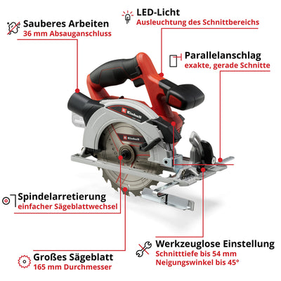 Einhell Akku-Handkreissäge TE-CS 18/165-1 Li-Solo Power X-Change (18 V, Li-Ion, Ø165 x Ø20 mm Sägeblatt, werkzeuglose Einstellung bei Schnitttiefe + Neigungswinkel, ohne Akku und Ladegerät)