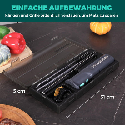 HAUSHOF Elektromesser, Kabelloses Küchenmesser mit 2 Edelstahlklingen, Elektrisches Messer mit Gabel, 2000 mAh Akku für Präzises Schneiden von Brot, Fleisch und Käse, mit Aufbewahrungsbox, Grau
