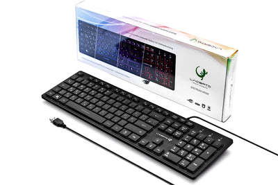 Lacerto® | Bilinguale Russisch-Deutsche beleuchtete Tastatur, USB, Spritzwassergeschützt, Deutsch + Russisch, Russian-German Illuminated Multimedia Keyboard | SPECTRUM-DR500