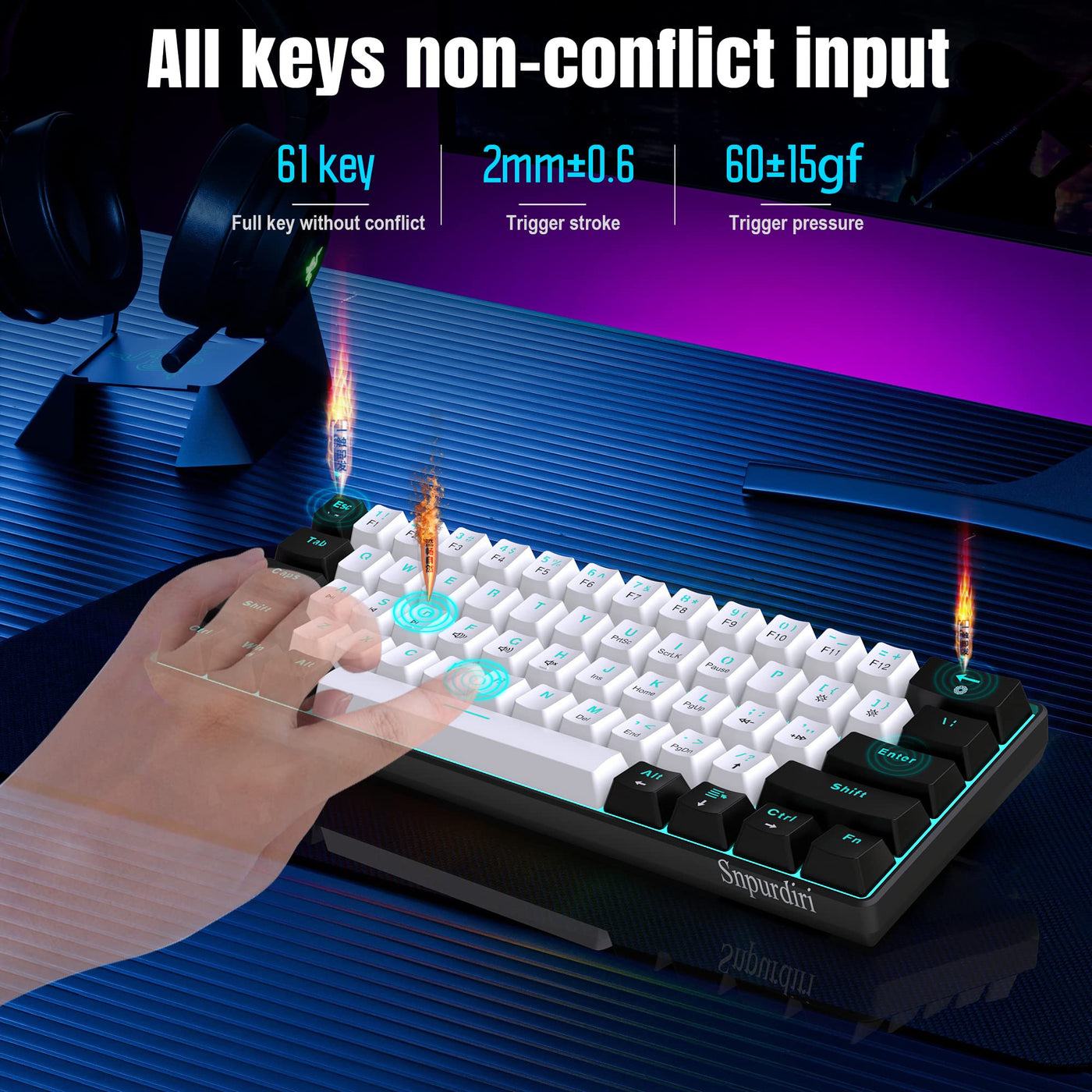 Snpurdiri 60% kabelgebundene mechanische Gaming-Tastatur, 61 Anti-Ghosting-Tasten, Blaue LED-Hintergrundbeleuchtung, ultrakompakte Zwei Ständer (Roter Schalter/Schwarz Weiß)